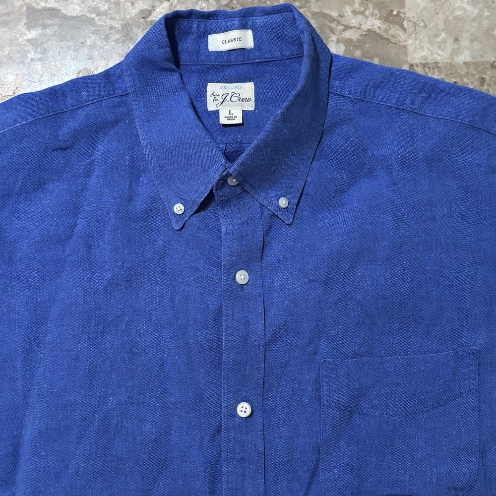 J Crew Shirt Mens Large Classic Fit Blue Irish Linen Short Sleeve Button Baird